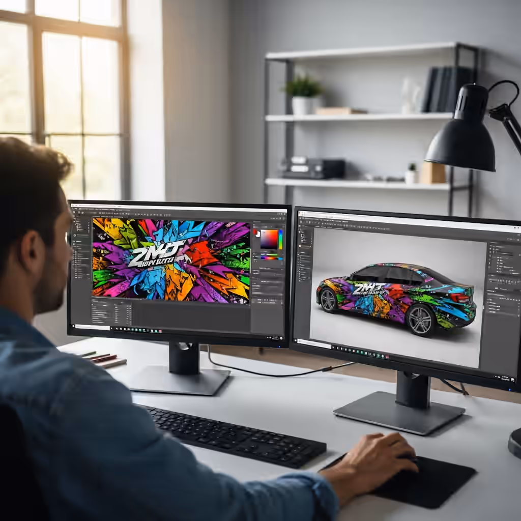 Professional vehicle wrap designer at work
