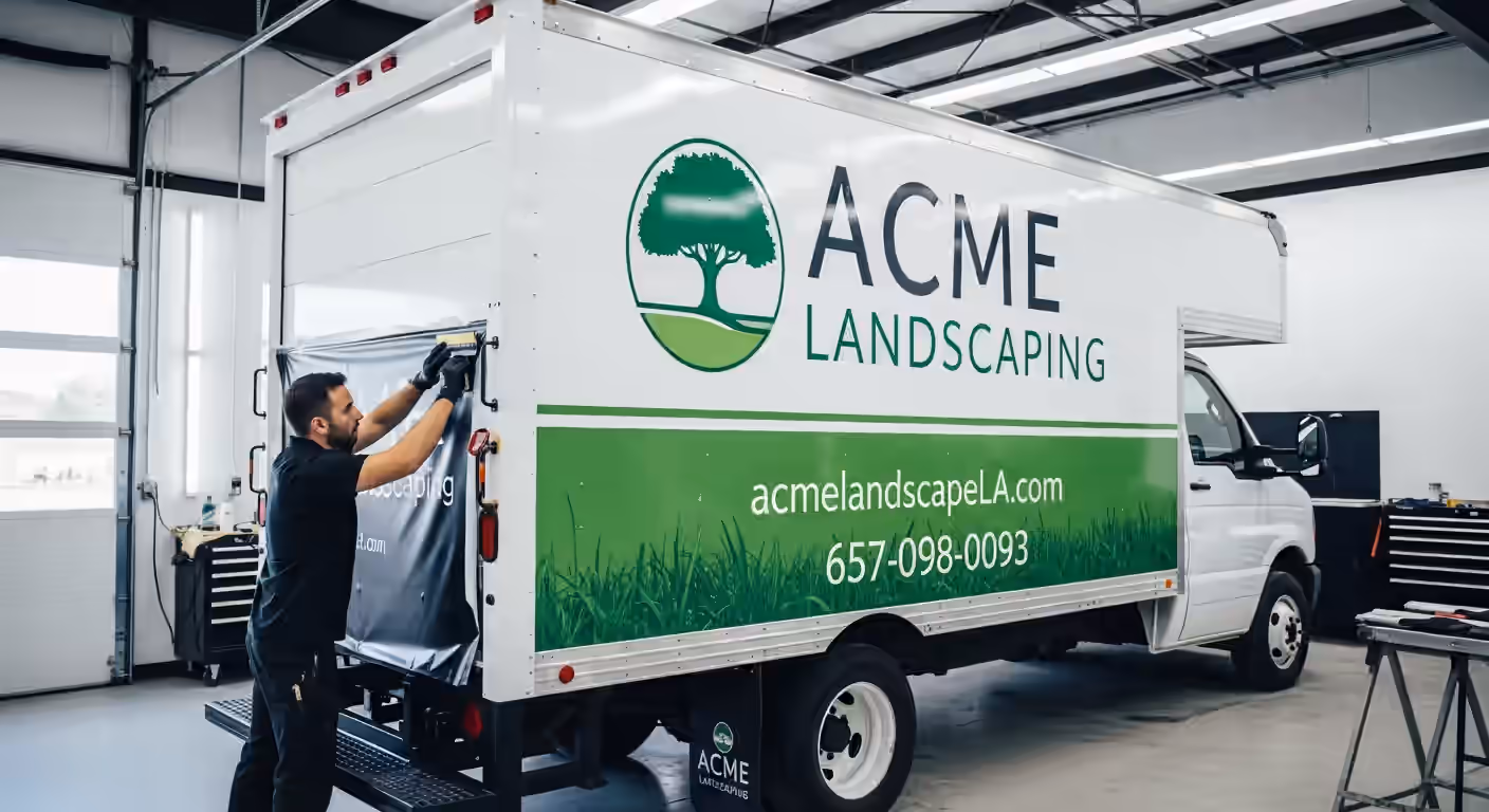 Professional wrap installer applying a branded box-truck wrap