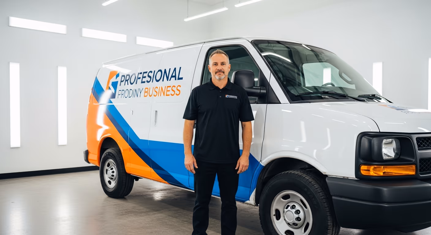 Wrapmate Pro installer beside a completed business van wrap