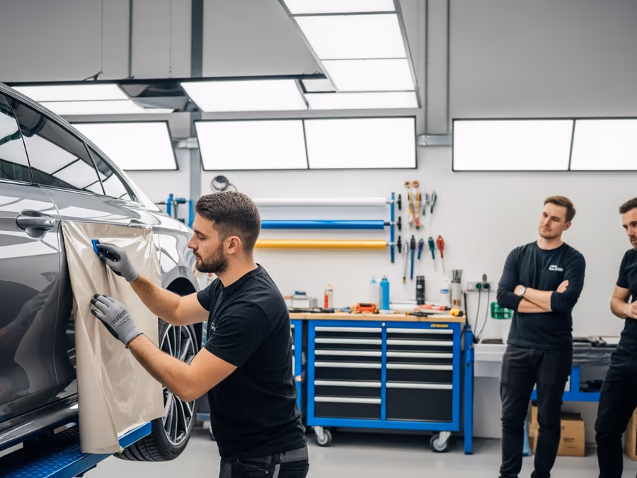 Wrapmate Pro installers in a professional wrap shop