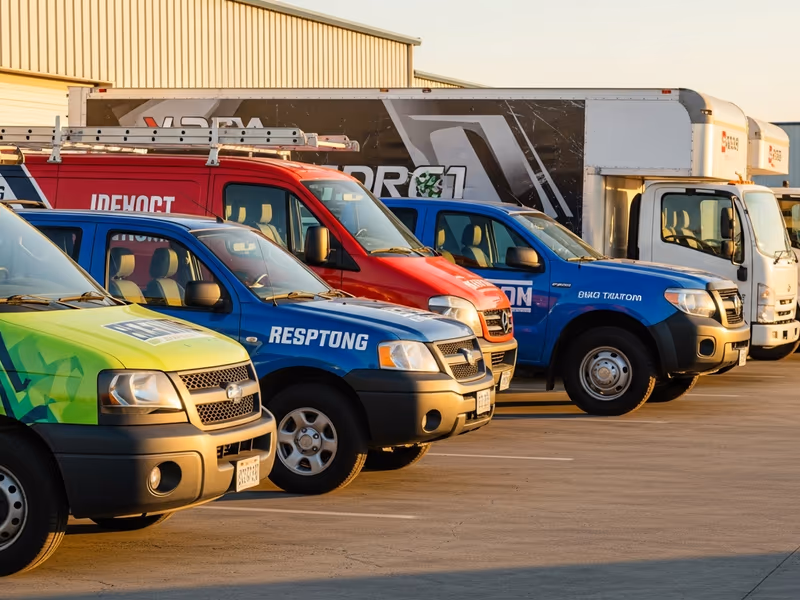 A row of professionally wrapped business vehicles