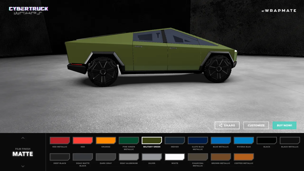Wrapmate Tesla Cybertruck wrap configurator with color and finish selection