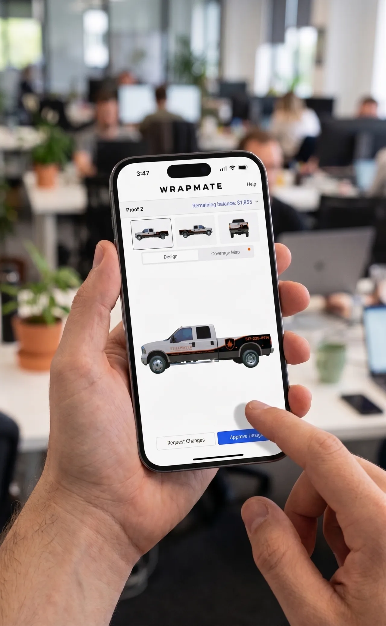 Wrapmate customer reviewing a vehicle wrap proof on a phone with Request Changes and Approve Design options